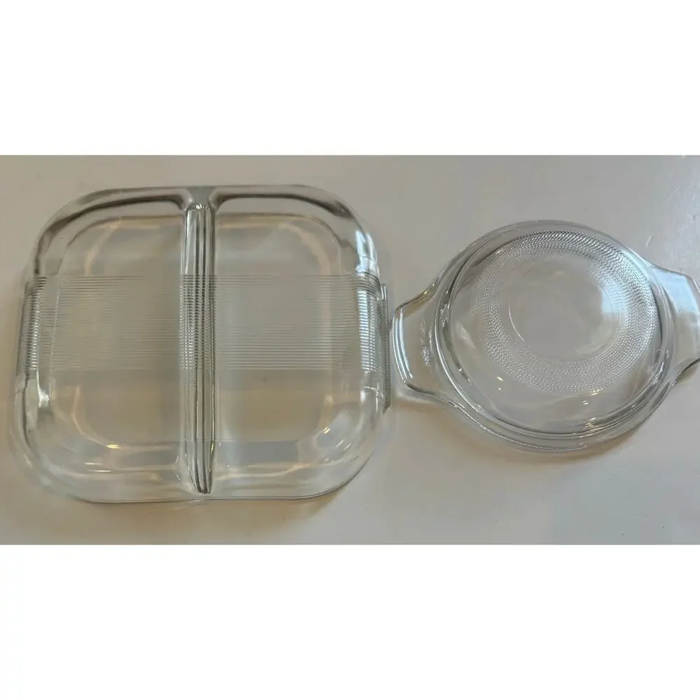 2 Vtg Glass Dishes 2 Compartment Serving Tray/Small Round Dish